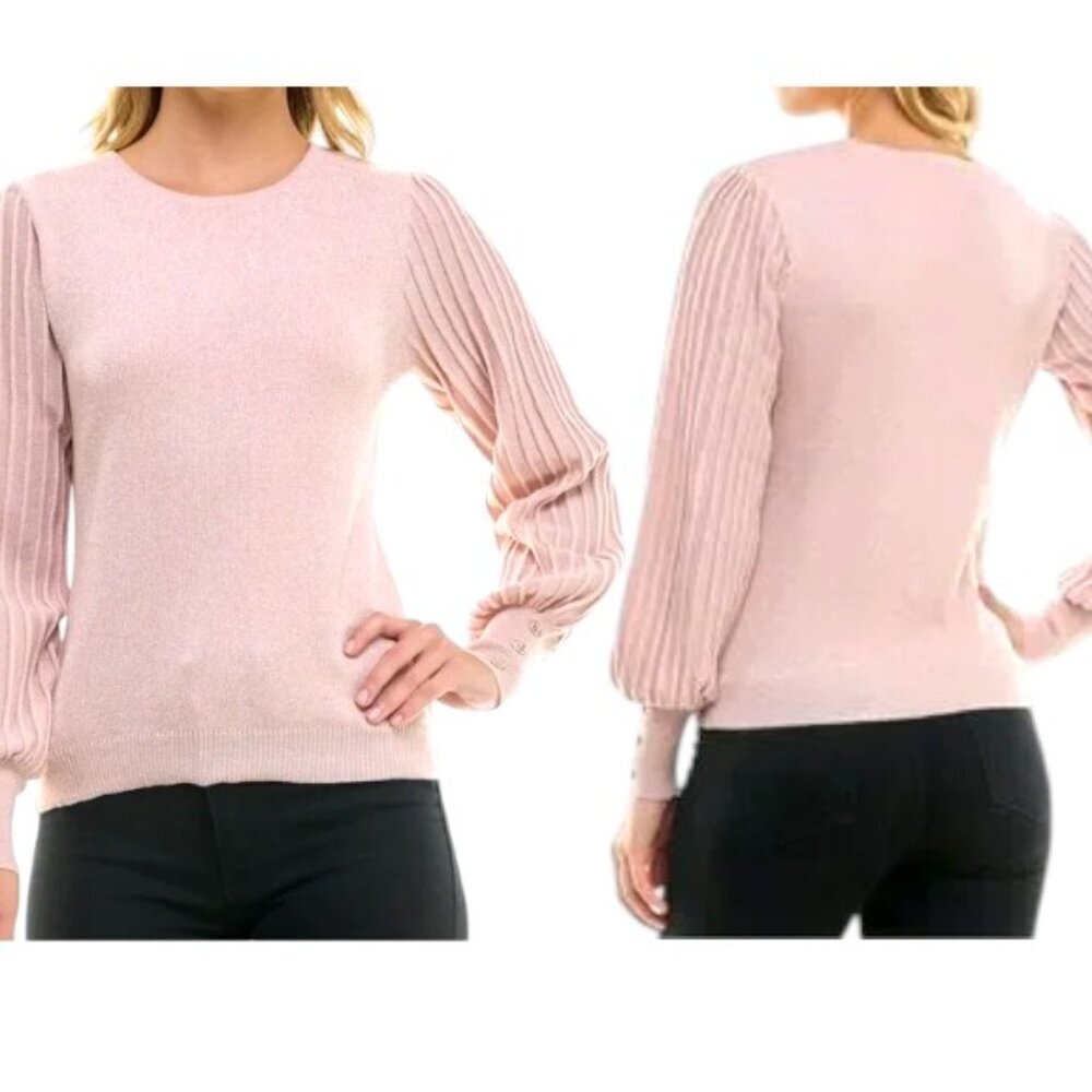Nanette Lepore Shimmer Sweater Pleated Sleeves, Gold Buttons - Blush - XL